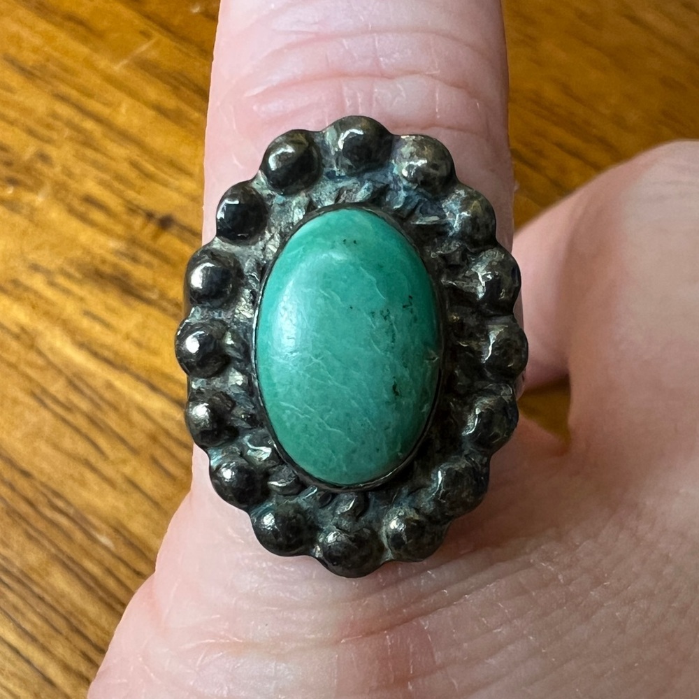Old Pawn Green Oval Turquoise Ring, Size 6